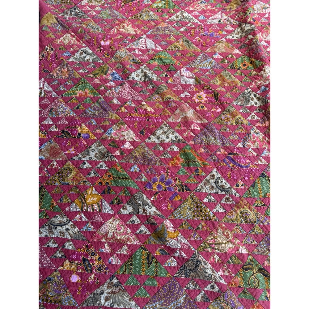 Vintage Handmade Quilt Geometric Triangles Cottagecore 93x80 Queen Size